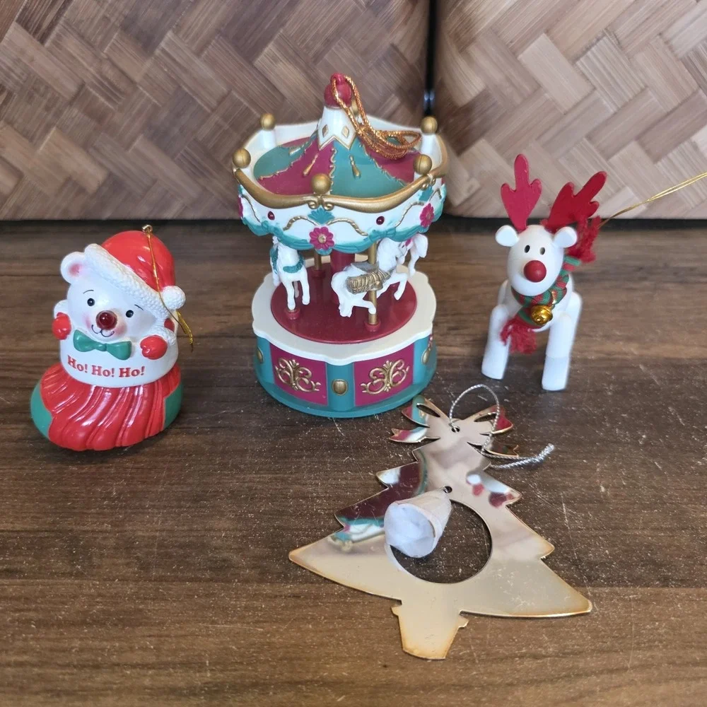 4 Avon Christmas Ornaments Festive Carousel Bear In Stocking Reindeer Tree